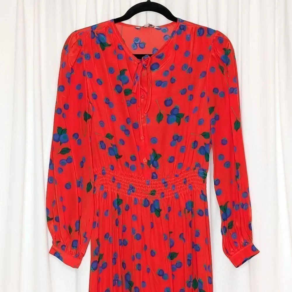 Tucker NYC Juliette Dress Crimson Blueberries in Crepe de Chine Silk Midi